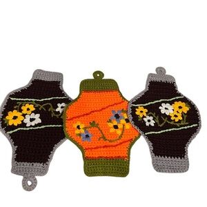 Handmade Crocheted Pot Holders - 3 (2 brown and gray, 1 orange and green)